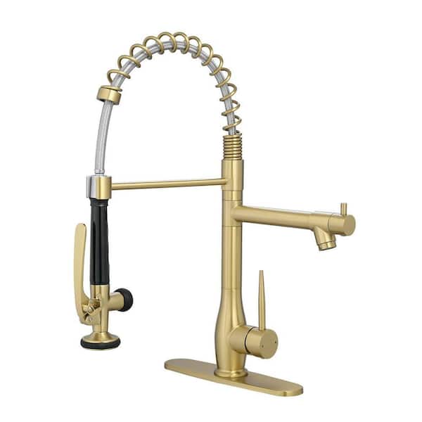 Single Handle 19 In. Pull Down Sprayer Kitchen Faucet with 360° Swivel Spout 1 Hole Kitchen Sink Taps in Brushed Gold