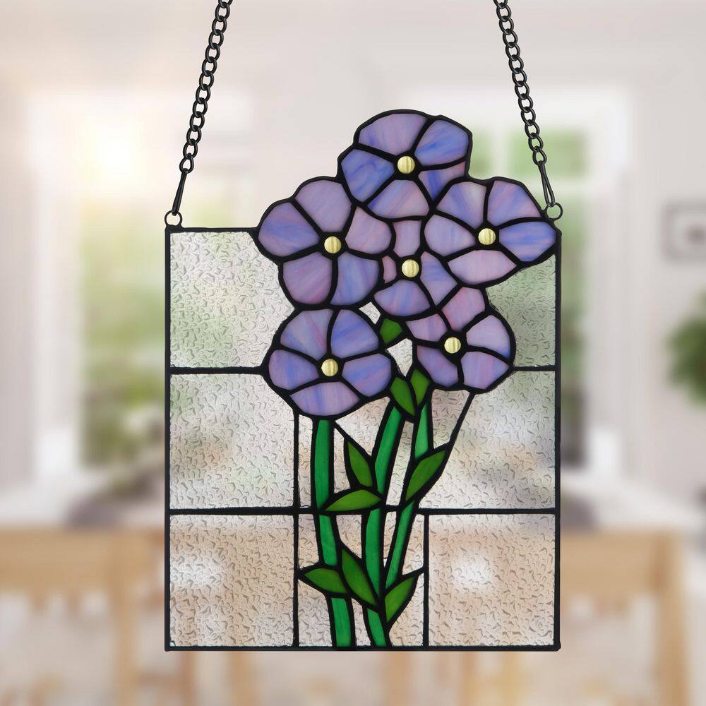 Purple and Green Stained Glass Window Panel with Forget Me Not Flowers