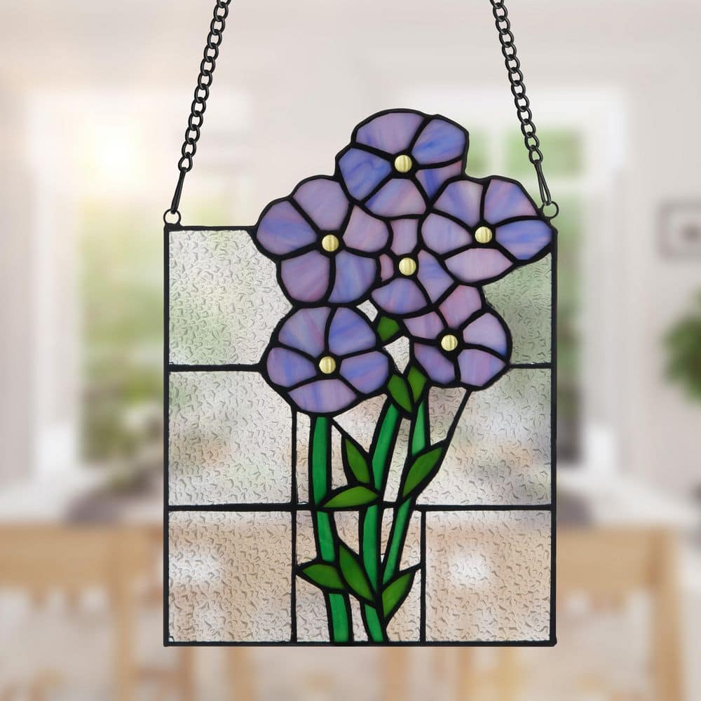 Purple and Green Stained Glass Window Panel with Forget Me Not Flowers