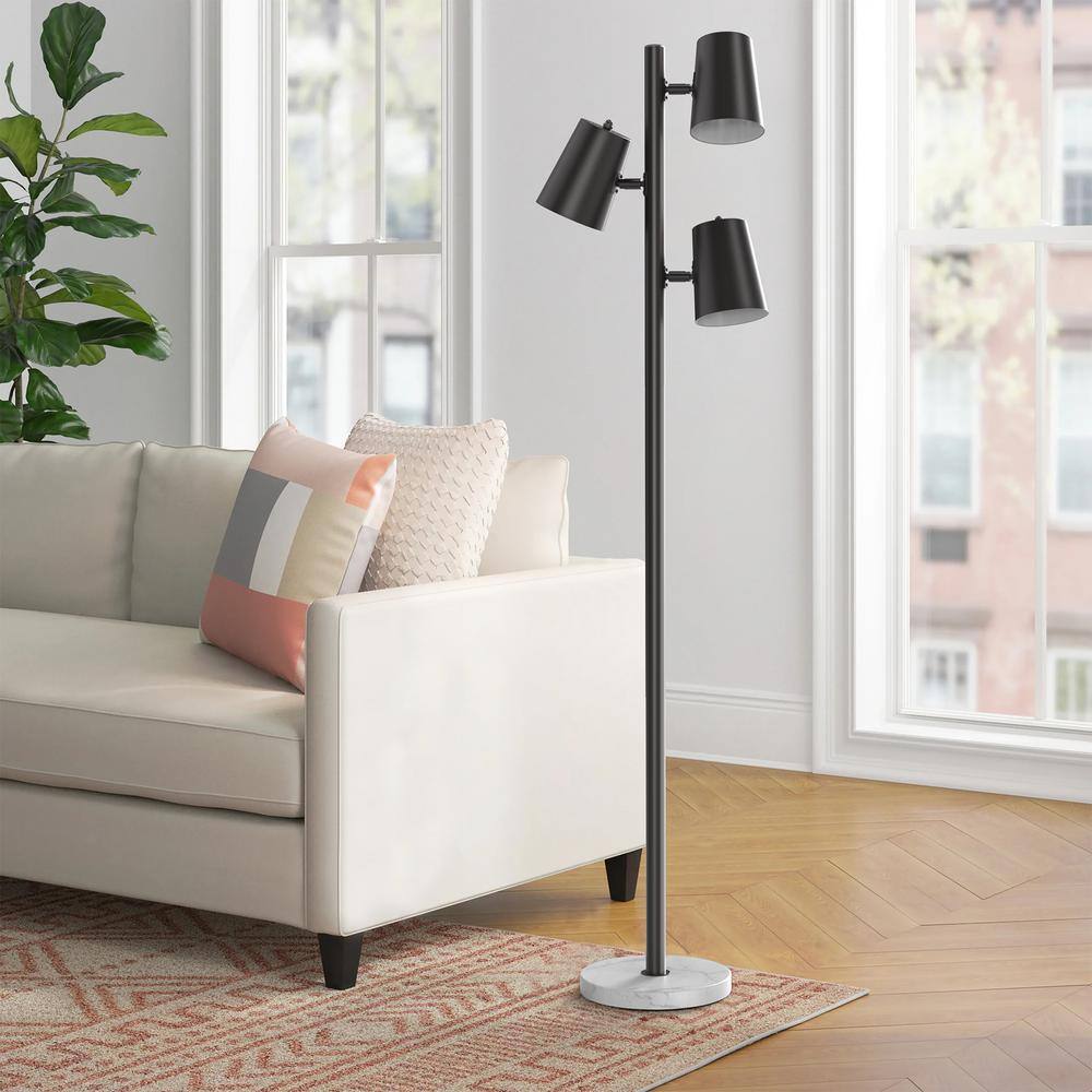 Black Metal and Marble Adjustable Multi-head Floor Lamp