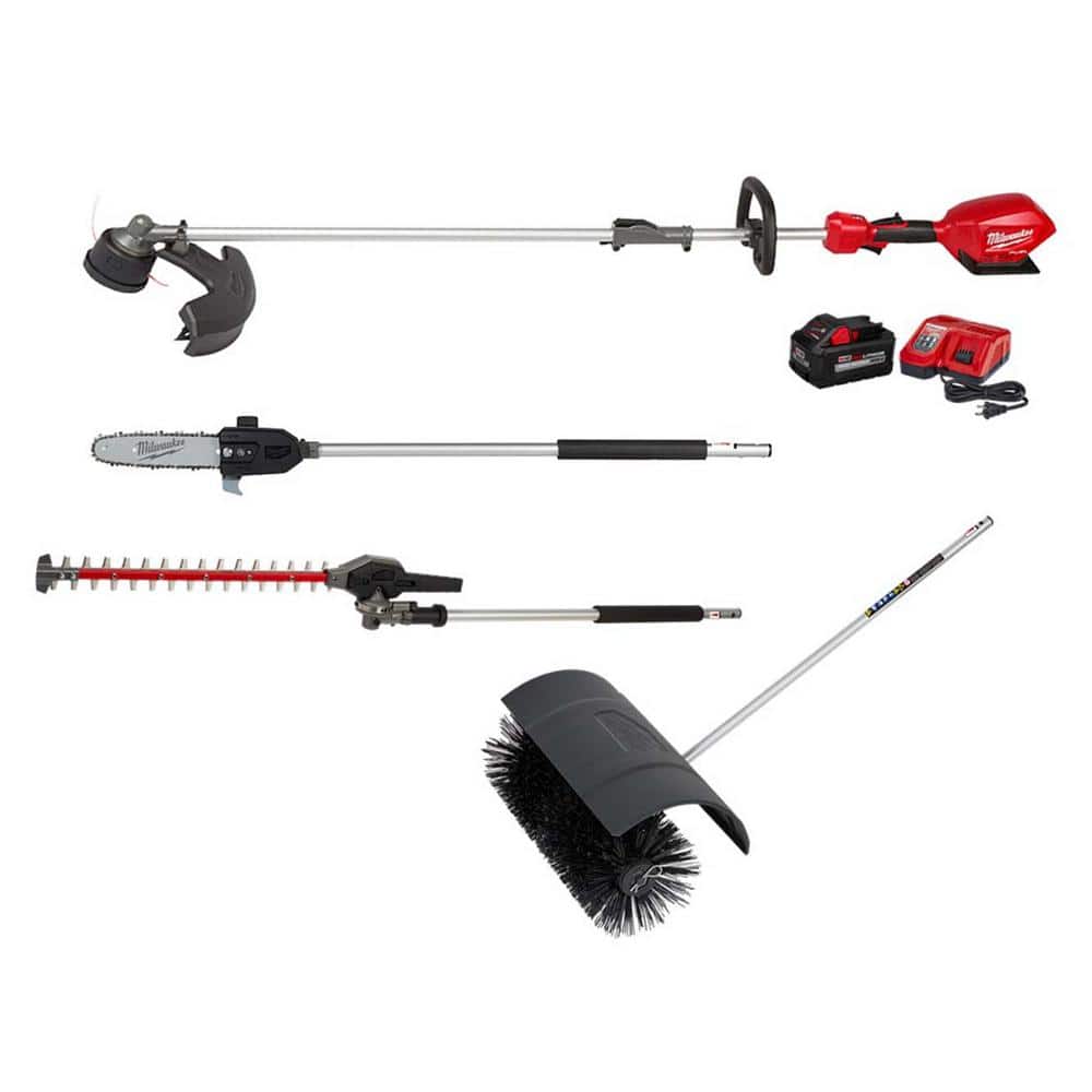 Milwaukee M18 FUEL 18V Lithium-Ion Brushless Cordless String Trimmer 8Ah Kit w/Bristle Brush, Hedge Trimmer, Pole Saw Attachments