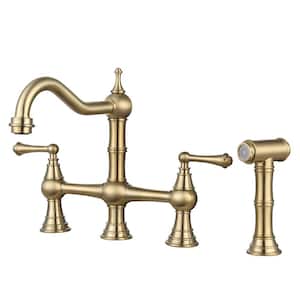 Classic Double Handle Bridge Kitchen Faucet with Side Sprayer in Brushed Gold