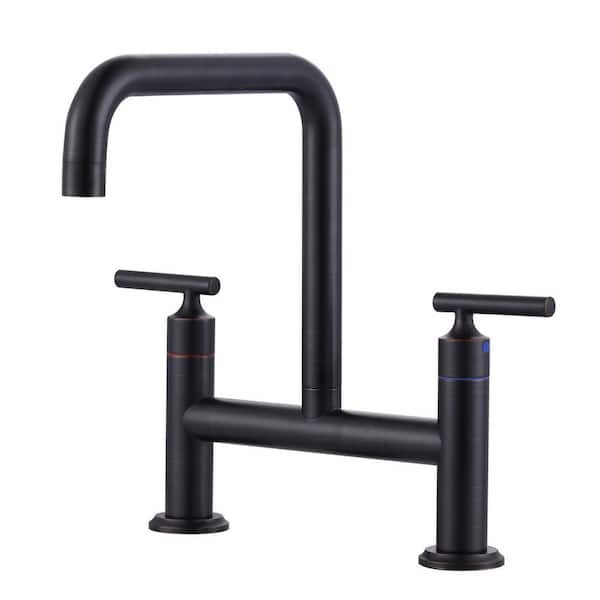 AVITAS Double Handle 2-Hole Solid Brass Bridge Kitchen Faucet with 360° Rotation Spout in Oil Rubbed Bronze