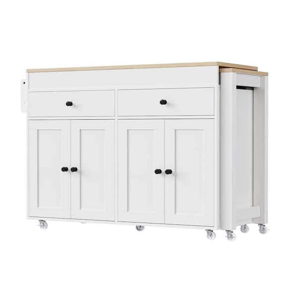 Ziyudura White Wood Top 74.5 in. Kitchen Island with Extendable Table, Hidden Wheels, and Ample Storage