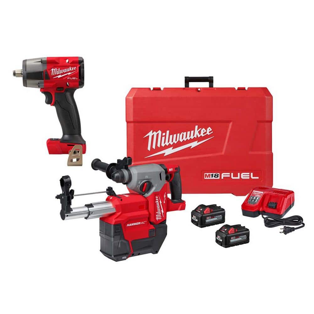 Milwaukee M18 FUEL 18V Lithium-Ion Brushless in. Cordless SDS-Plus Rotary  Hammer/Dust Extractor Kit w/1/2 in. Impact Wrench 2912-22DE-2962-20 The  Home Depot