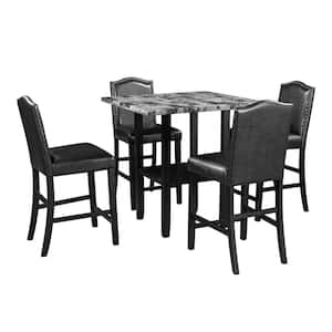 5-Pieces Marble Top Gray Kitchen Dining Table Set With 4-Leather Chairs, Kitchen Table Chairs Set for 4-Persons
