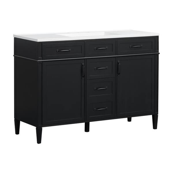 48 in. Freestanding Black Bath Vanity with White Resin Top 4 Drawers, 2 Doors