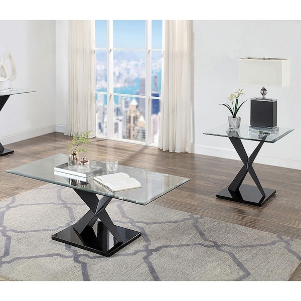 Furniture of America Cometa 2-Piece 48 in. Black Rectangle Glass Coffee Table Set