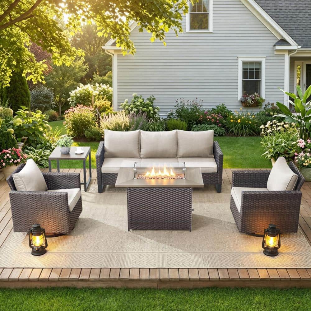 UvaNest Brown 5-Piece Wicker Patio Fire Pit Set Conversation set with Beige Cushions, Swivel Chairs & Fire Pit Table price history on PriceWatchPro