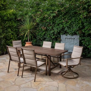 Fairhope 4 Sling Chairs 2 Sling Swivel Rockers and a 7-Piece Steel Outdoor Dining Set with a 74 in. x 40 in. Table, Tan