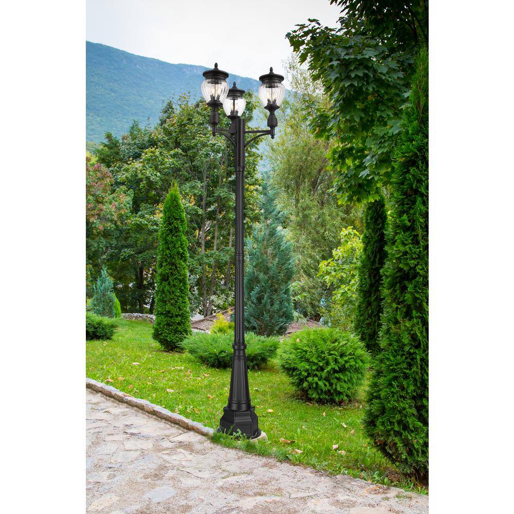 Textured Matte Black 3-Light Outdoor Post Lamp with Glass Shades