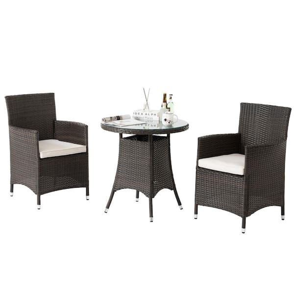Unbranded 3-Piece Wicker Outdoor Dining Set, All-Weather Patio Dining Table and Chairs with White Cushions for Backyard, Garden
