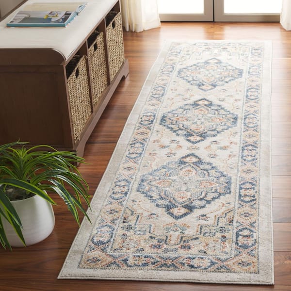 Blair Ivory/Blue 2 ft. x 8 ft. Machine Washable Aztec Medallion Runner Rug