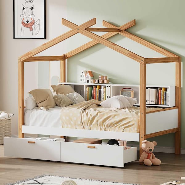 White Wood Frame Twin Size Platform Bed with Two Drawers and Bookshelf Storage Space