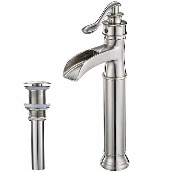 FLG Single Handle Waterfall Bathroom Vessel Sink Faucet Single Hole Brass Tall High Taps with Pop-Up Drain in Brushed Nickel