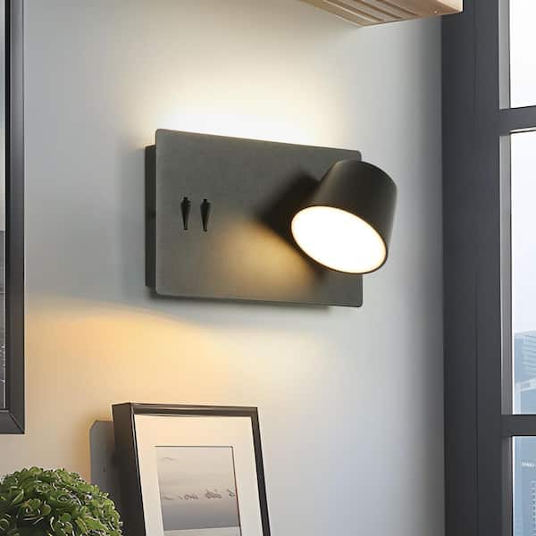 Modern 8.7 in. 2-Light Matte Black LED Wall Sconce with Adjustable Bell Metal Shade for Bedside, Reading Wall Light