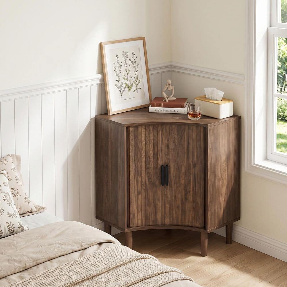 Mid-Century Modern Walnut Finish 29.72 in. Corner Storage Cabinet with Sliding Door and Adjustable Shelves price history on PriceWatchPro