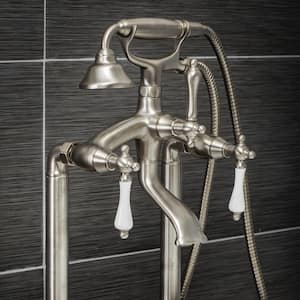 Vintage Style 3-Handle Floor Mount Claw Foot Tub Faucet with Porcelain Levers and Handshower in Brushed Nickel