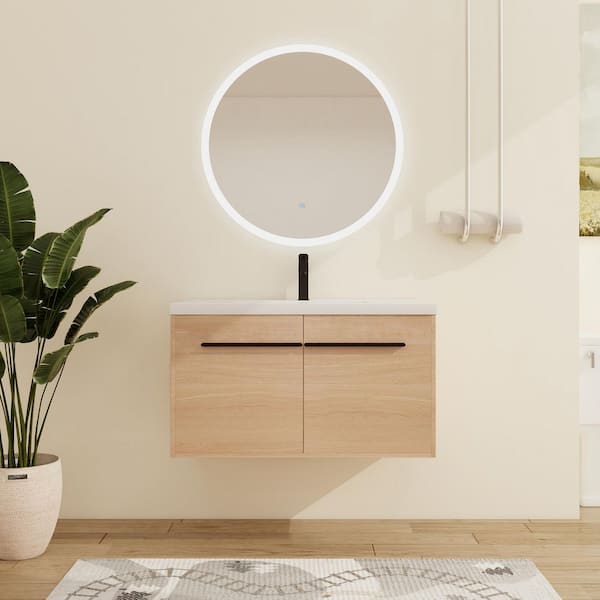 35.43 in. W. x 18.11 in. D x 20.47 in. H Wall-Mounted Bath Vanity in Light Brown with White Resin Vanity Top