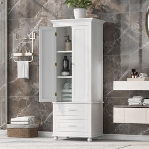 62.5 in.H White Wood Bathroom Floor Storage Cabinet with 2-Drawers,Adjustable Shelves