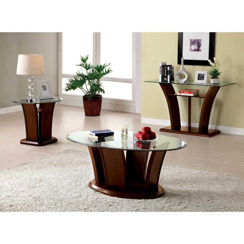 Ali 26" Brown Cherry Wood and Glass Round End Table