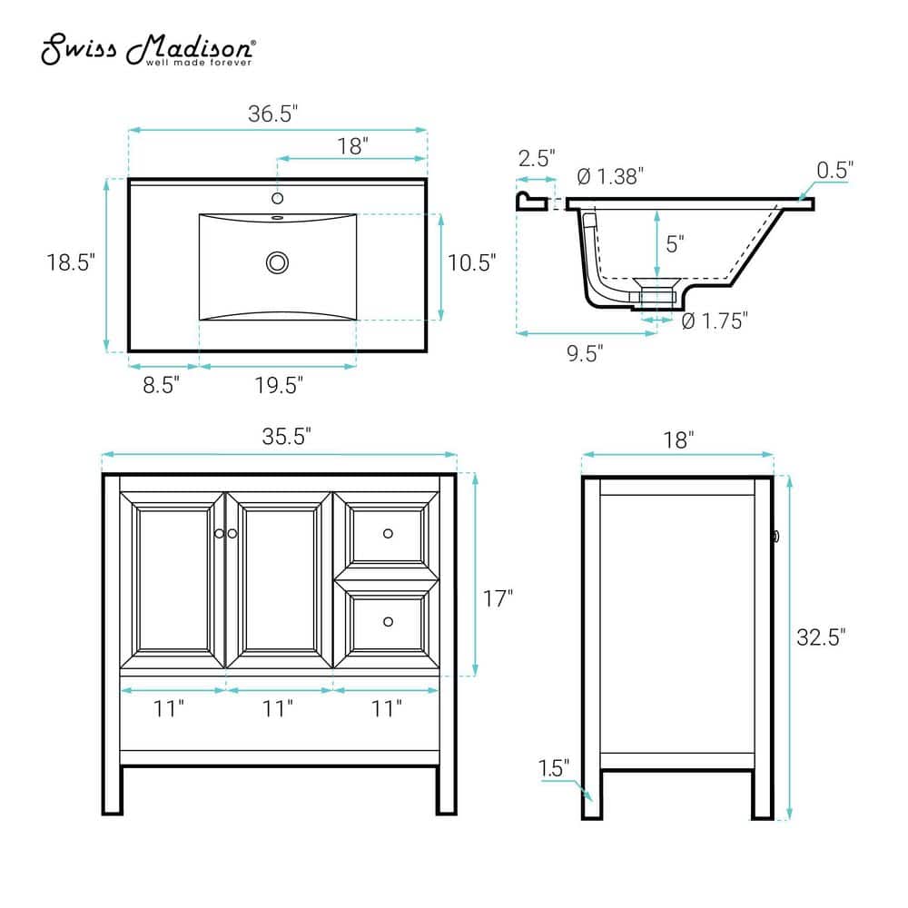 Château 36" White Oak Freestanding Vanity with Black Ceramic Sink