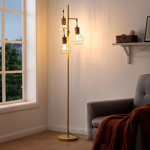EDISHINE 65 in. Gold Industrial 3-Light Standard Smart Dimmable