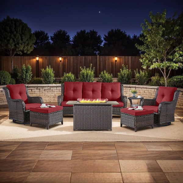 moosprr Arcline 7-Piece Brown Wicker Fire Pit Conversation Set with Olefin Red Cushions and Swivel Glider Rocking Chairs/Couch