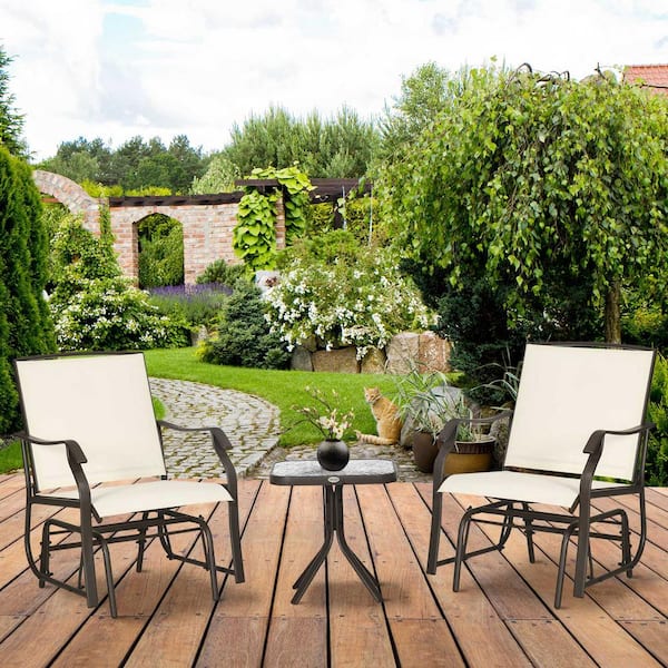 Beige 3-Piece White Metal Gliding Chair and Tea Table Set Lawn Chair with Glass Tabletop