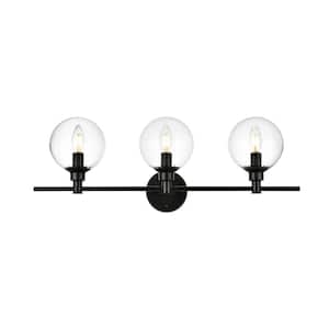 Simply Living 28 in. 3-Light Modern Black Vanity Light with Clear Round Shade