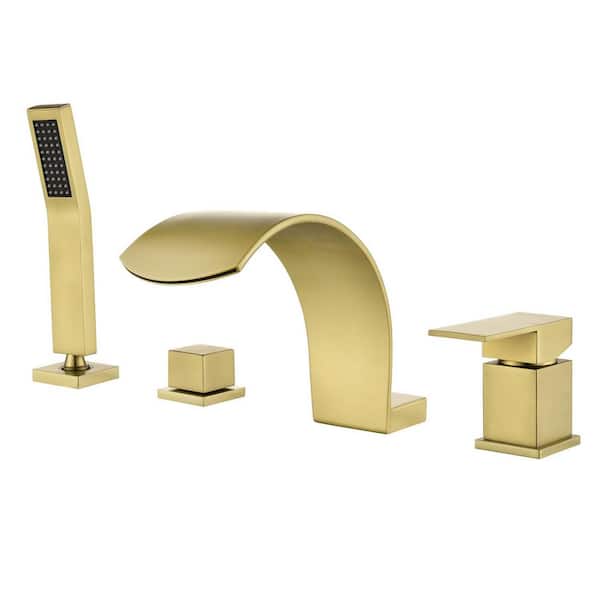 2-Handle Tub Deck Mounted Roman Tub Faucet with Hand Shower, Stainless Steel High Arc Tub Facuet in Brushed Gold
