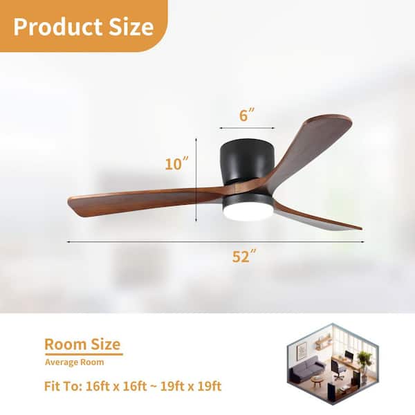 52 in. Integrated LED Indoor Flush Mount Matte Black Standard Ceiling Fan with Dimmable Light and Remote DC Motor