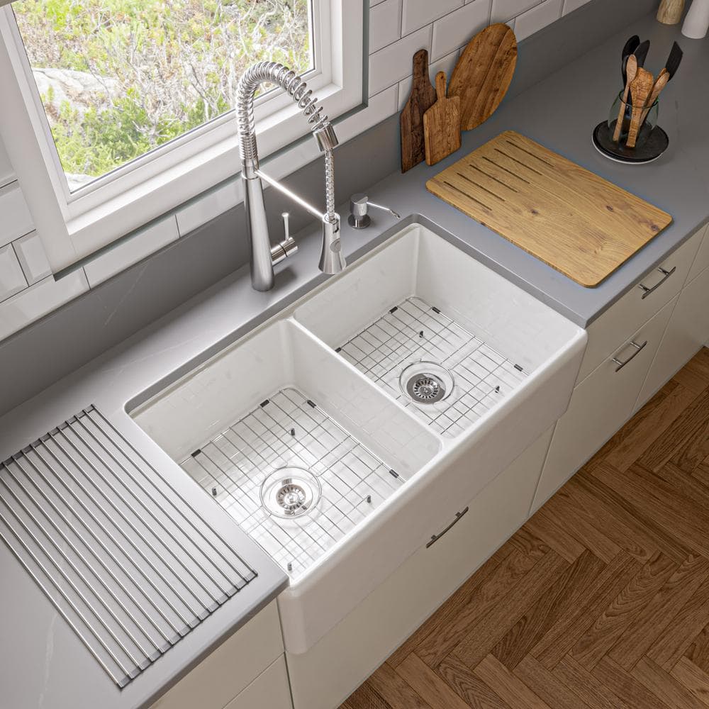 White 33" Double Bowl Fireclay Farmhouse Workstation Sink