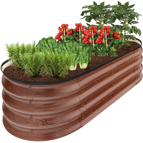 Best Choice Products 4 ft. x 2 ft. x 1 ft. Wood Grain Oval Steel Raised Garden Bed, Planter Box for Vegetables, Flowers, Herbs