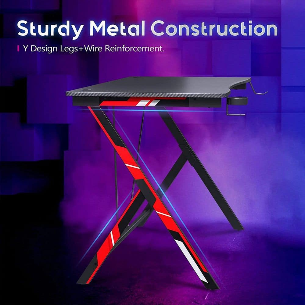 31-Inch Black Carbon Fiber Gaming Desk with Cup Holder and Headphone Hook