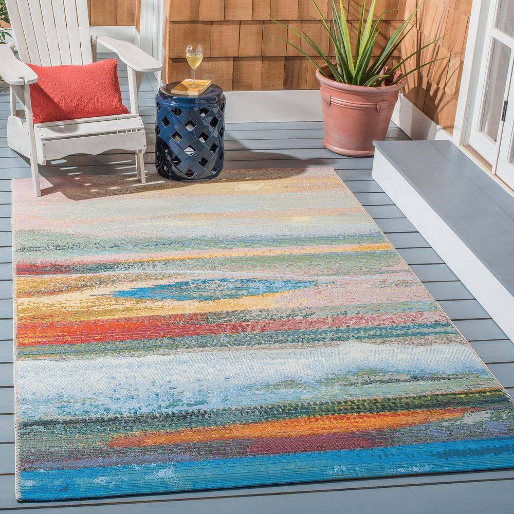 Light Blue and Pink Synthetic Coastal Area Rug