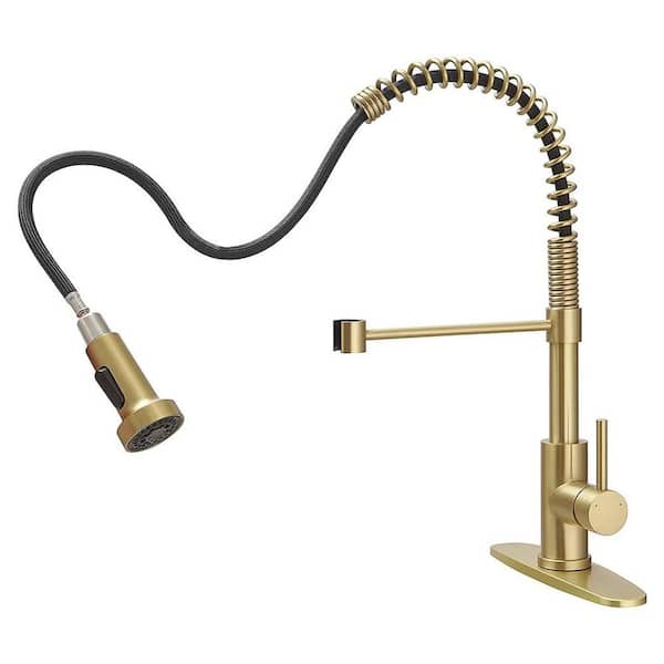 BWE Single Handle Pull-Down Sprayer High Arc Pull Down Sprayer Kitchen Faucet With Deck Plate in Brushed Gold