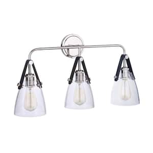 Hagen 26 in. 3-Light Polished Nickel Finish Vanity Light with Crystal Clear Glass Suspended from Genuine Leather Strap