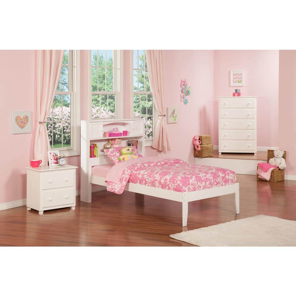 White Twin Wood Frame Platform Bed with Bookcase Headboard
