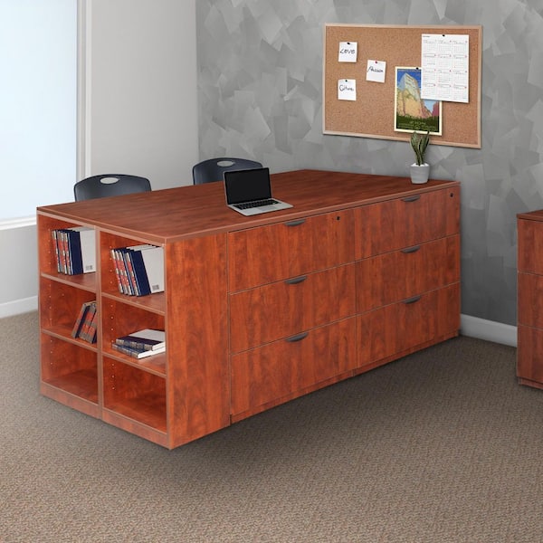 Legacy 85 in. Cherry Stand Up 2 Lateral File/ 2 Desk Quad with Bookcase End