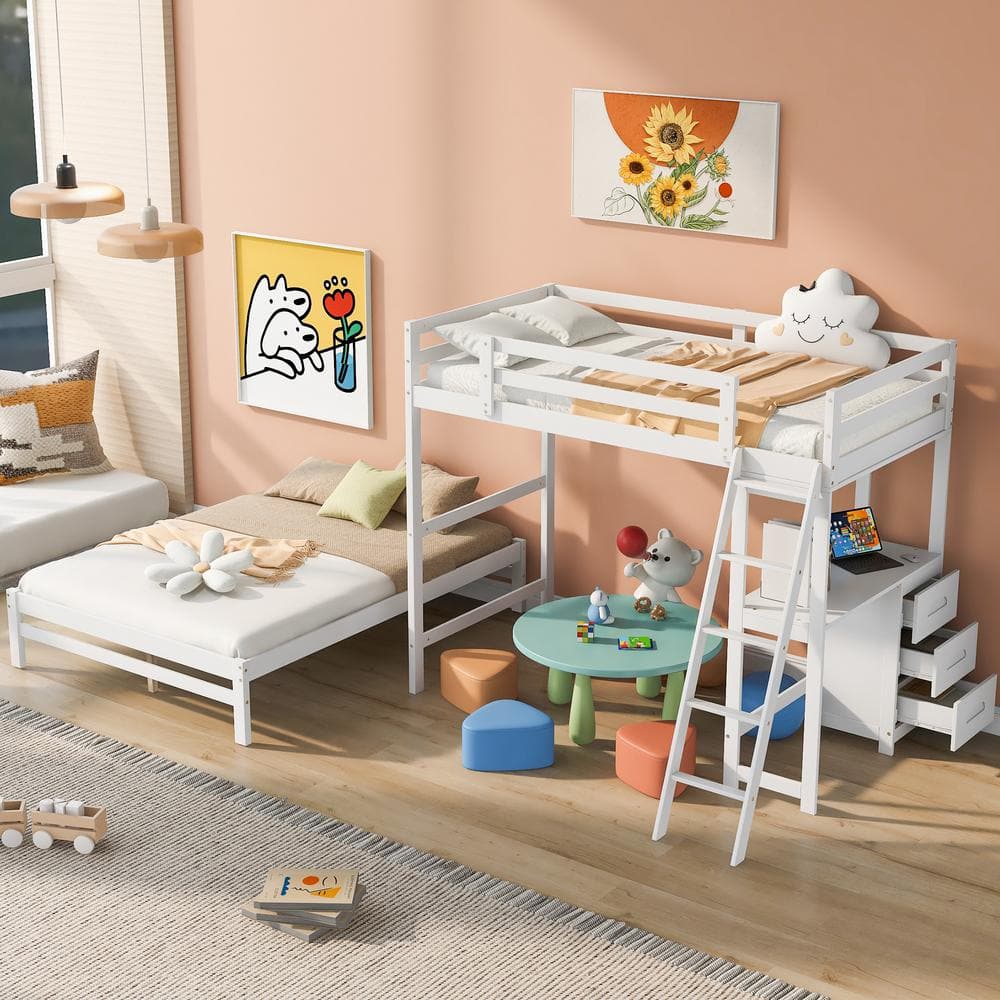 White Twin over Full Wooden Bunk Bed with Built-in Desk, 3-Drawers and Ladder -  Harper & Bright Designs, QHS120AAK