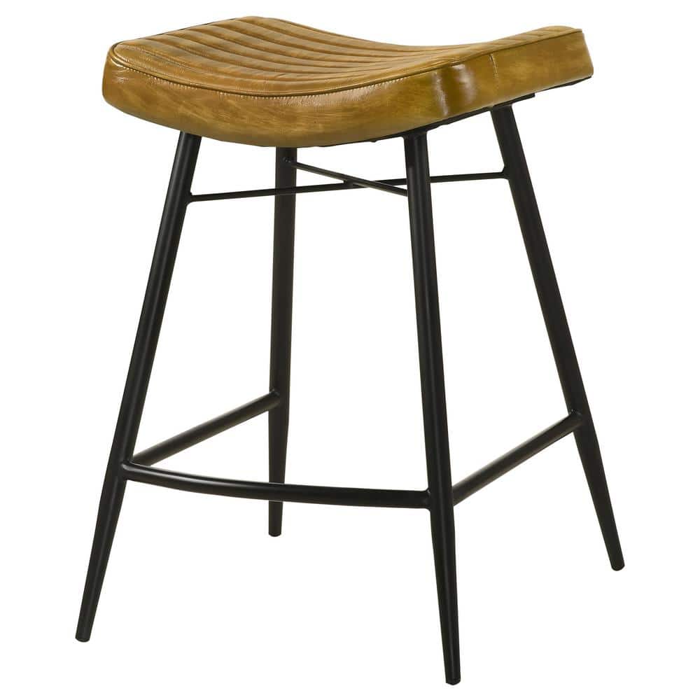 Light Brown Leather and Black Metal Saddle Counter Stool