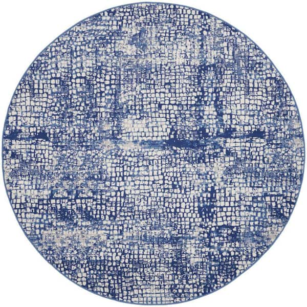 Whimsicle Ivory Navy 8 ft. x 8 ft. Abstract Round Area Rug