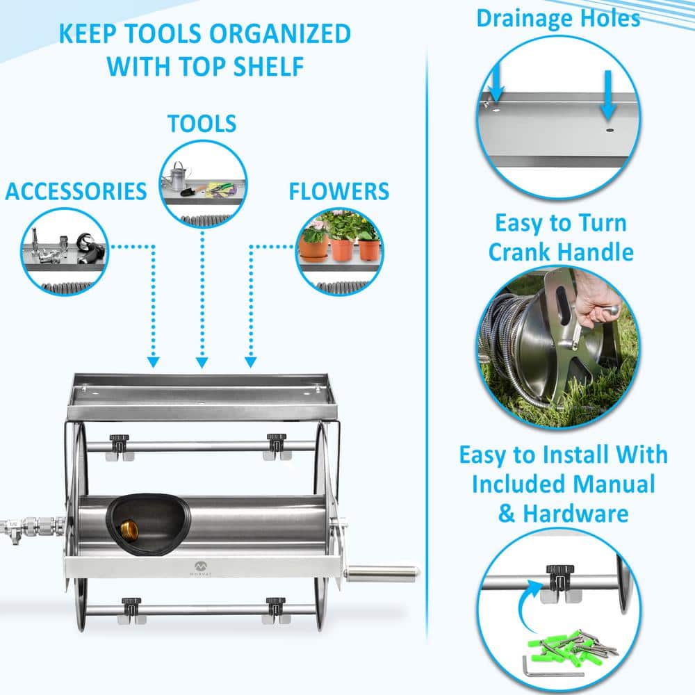 Stainless Steel Wall-Mount Hose Reel with Crank and Shelf
