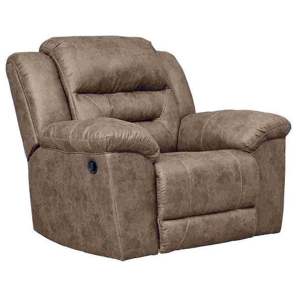 Benjara Brown Faux Leather Manual Rocker Recliner with Angled Pillow Top and Pull Tab