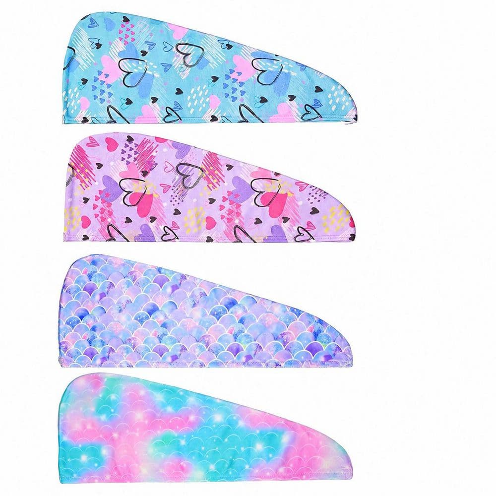 4 Pack Microfiber Hair Towel Wraps for Kids and Adults, Super Soft, Fast Drying, Button Closure