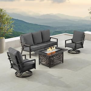 Black 5-Piece Aluminum Patio Fire Pit with Deep Seating Sofa and 2-Club Chairs Black Cushions