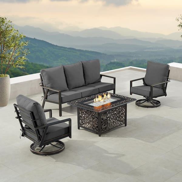 Oakland Living Black 5-Piece Aluminum Patio Fire Pit with Deep Seating Sofa and 2-Club Chairs Black Cushions