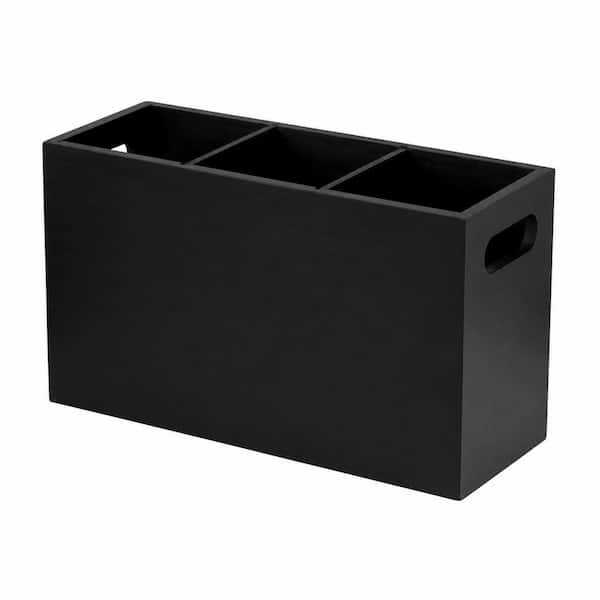 Black Painted Pine Wood 3-Compartment Kitchen Utensil Holder for Countertop with Built-In Handle