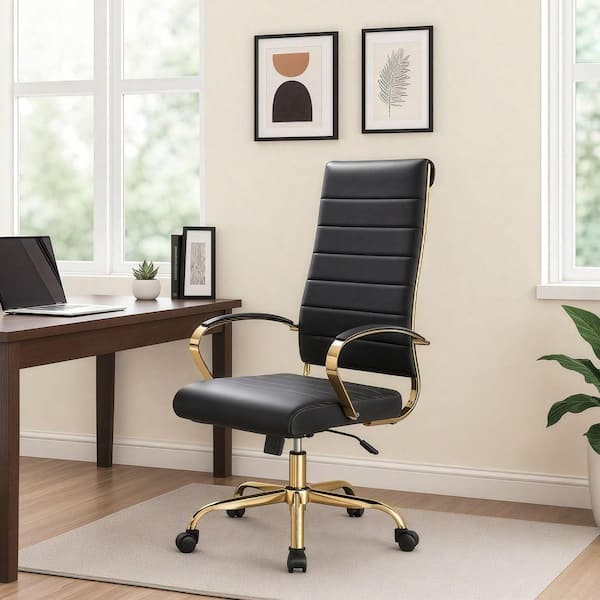 Benmar Leather High-Back Office Chair Adjustable Height, Swivel, Tilt in Stainless Steel Gold Frame in Black